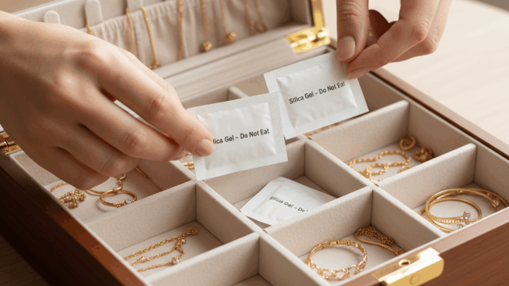 menambahkan silica gel di kotak perhiasan
